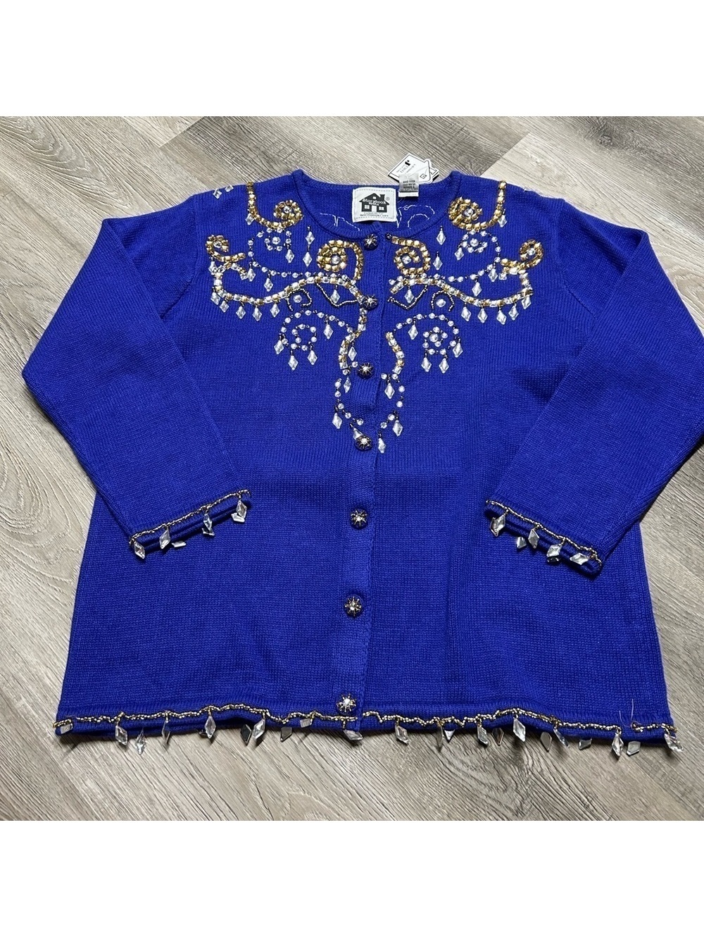 Storybook Knits Vintage Embroidered Beaded Blue Cardigan Sweater Size Large NEW